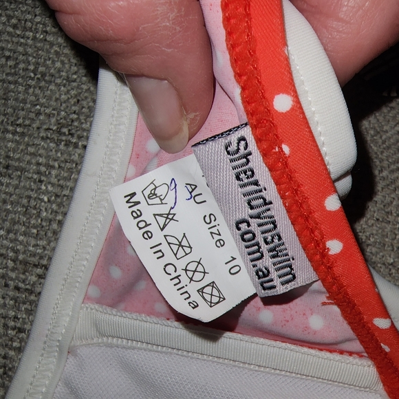 New Sheridyn Fisher Swimwear Bikini Top coral polka dot ruffle 11" across bottom - Picture 10 of 11